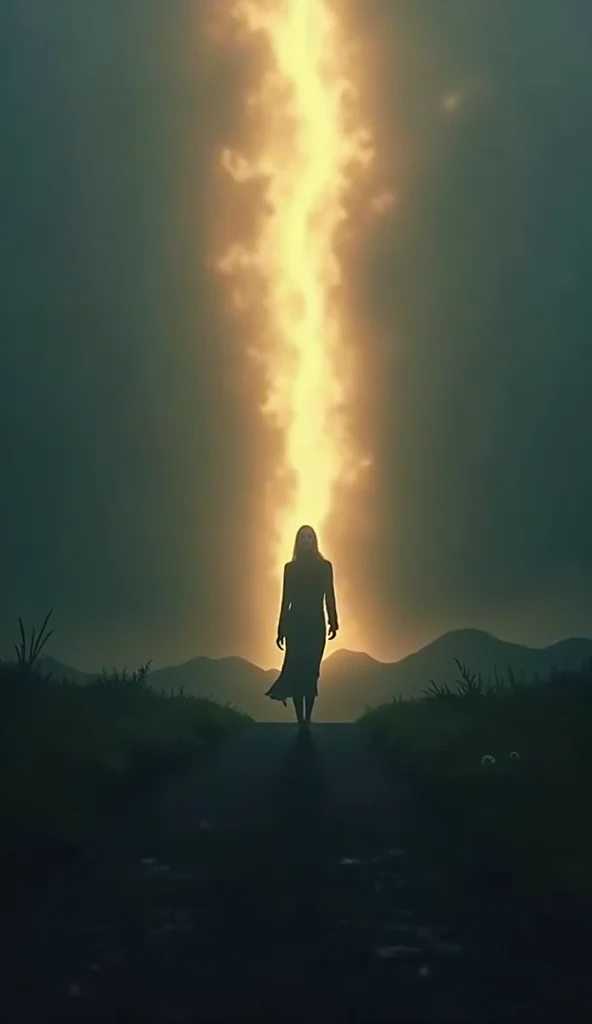 A figure walking across a dark landscape, but with a beam of light shining down from the sky upon her, symbolizing Gods love and grace illuminating the way.