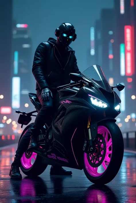 Wattpad cover, Kawasaki ninja h2r, night city, cyber mask, no helmet, cybernetic bike decals, biker head front facing, steel gloves, purple glowing bike decal lights and rims, slight far