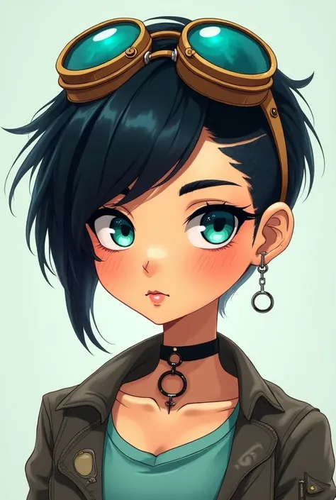 A turquoise-eyed girl with short , black color,  pixie-cut hair shaved from the sides with pilot goggles on her steampunk style head, In a cartoon drawing style 