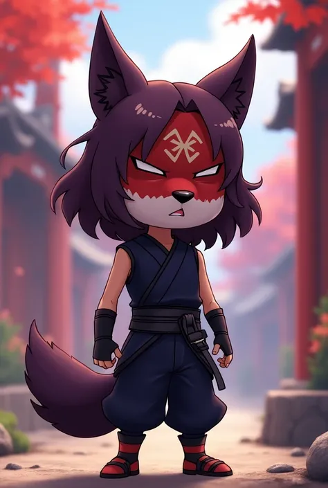 Generate an image of a  in the drawing style of the animated series Steven Universe,and 2D, of a boy with long hair ,hair color plum ,and put on clothes similar to those of a ninja ,and put on a Japanese fox mask covering his face completely 