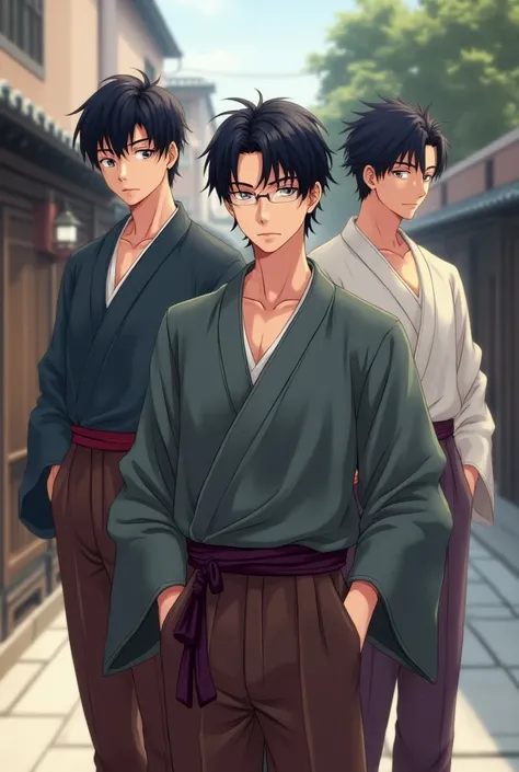 Male Anime Characters Wearing Gray Kimono Shirt, Black Hair, Brown Pants