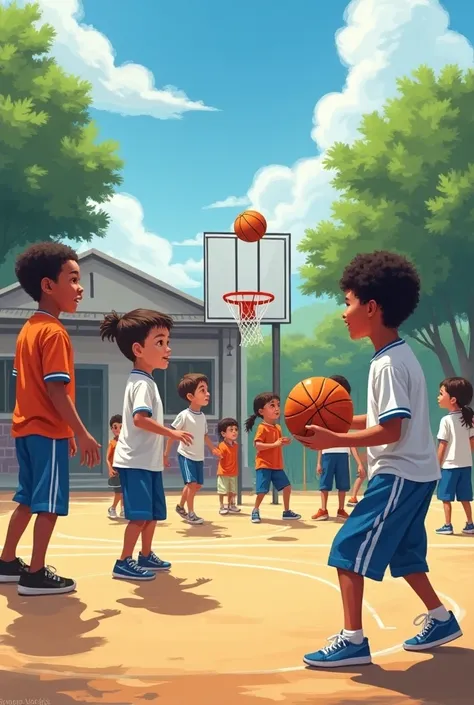 Boys and girls between whites and mulattos in a school in the countryside, in the yard,  on a small court doing practical basketball exercises and playing. Uniform color : long blue pants and white t-shirt with a blue stripe on the sleeves and a blue strip...