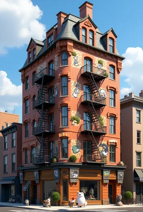   Make a small building with the theme of the movie  "Pet:  the secret life of animals ",  using references to the animal characters from the cartoon . Utilize the elements of Richard Morris Hunts New York architecture, with external fire escapes 