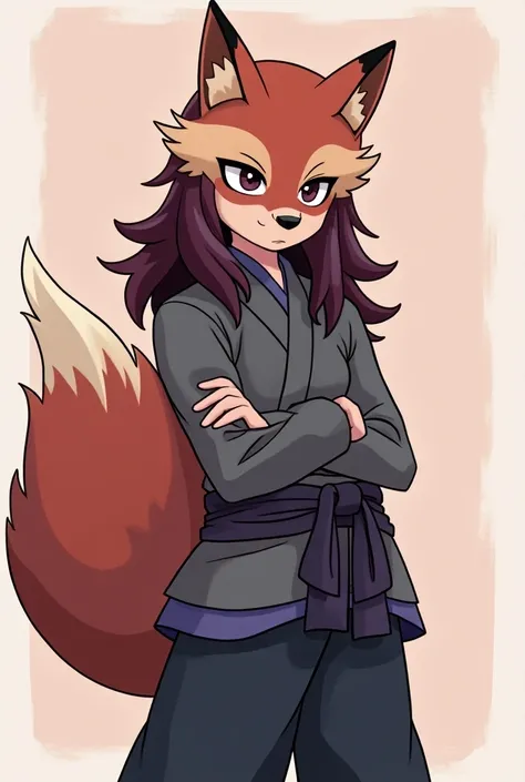 Generate an image of a  (man)  in the drawing style of the Steven Universe animated series,and 2D, of a boy with long hair ,hair color plum ,and put on clothes similar to those of a ninja ,and put on a Japanese fox mask covering his face completely ,Withou...