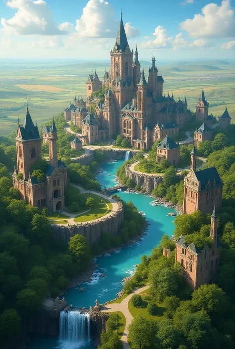 A overhead View of a Sprawling bustling Fantasy City in the plains with a river, Top view, City Spread out, Vast plains, 2 story Buildings, A beautiful jaw dropping city that is mash up of fairy tale, Masterpiece, high detail, 8K resolution, ConceptArt, sc...