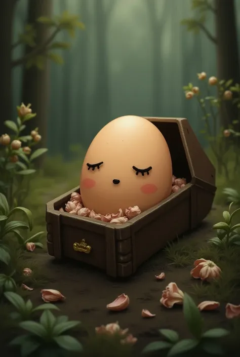 A brown egg with a drawn face,  that died and is in her coffin at her burial 