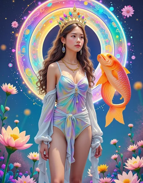 [Vision:1.0]，[Wide Angle:1.0]，Cartoon，A painting of a woman wearing a crown and a fish, Digital Art by Martine Johanna, tumblr, Pop surrealism, Pop surrealism art style, A beautiful art illustration, japanese Pop surrealism, Beeple 和 Jeremiah Ketner, Anna ...