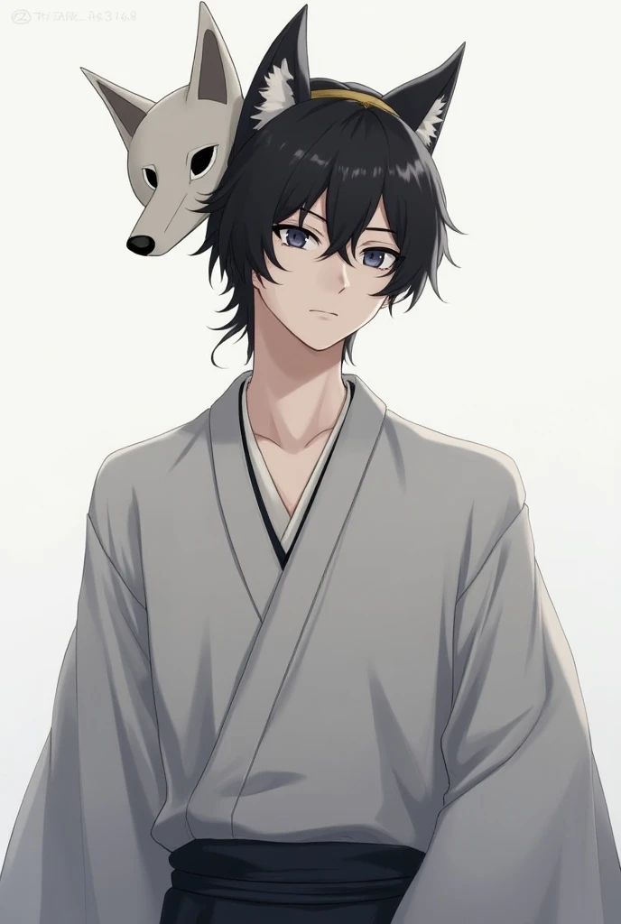 A male anime character wearing a gray kimono shirt with black hair, brown pants with a fox mask attached to the head of one person