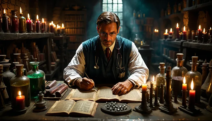 A doctor desperately searching for a cure, surrounded by vials of mysterious potions and ancient texts, background cinematic, hyper realistic, ultra detailed hyper realistic, photorealistic, Studio Lighting, reflections, dynamic pose, Cinematic, historical...