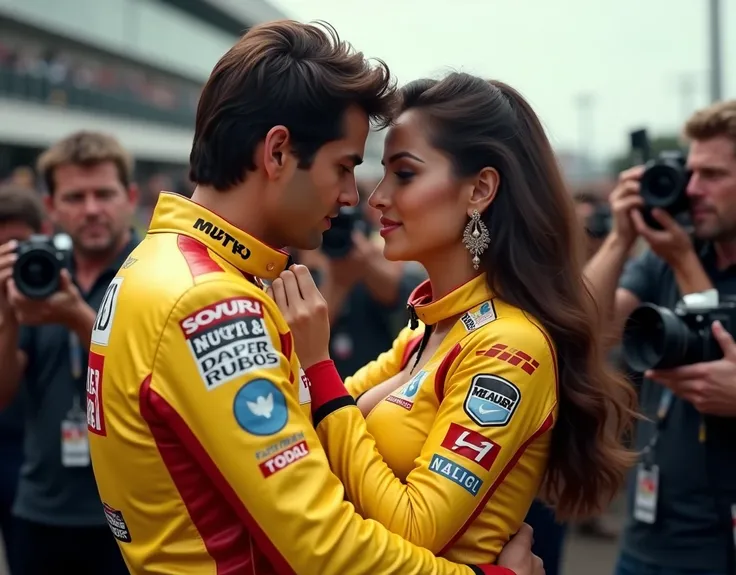 Madhuri Dixit as superbike racer, wearing yellow riding leather suit with sponsor ads, closed jacket, hugging another male racer, her arms forcing his head in her big breasts, with photographers,