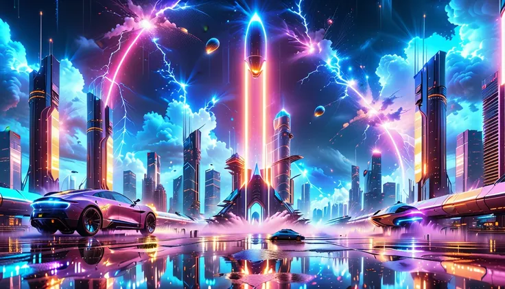 A Masterpiece In 32K Resolution, Supreme Quality, Super Detail, Official Art, Very High-Resolution 32K Wallpaper, Beautiful And Aesthetic, Ultra-Detailed Features, Awe-Inspiring Detail. Gigantic Neon Towers Rise Into The Night Sky, Their Surfaces Reflectin...