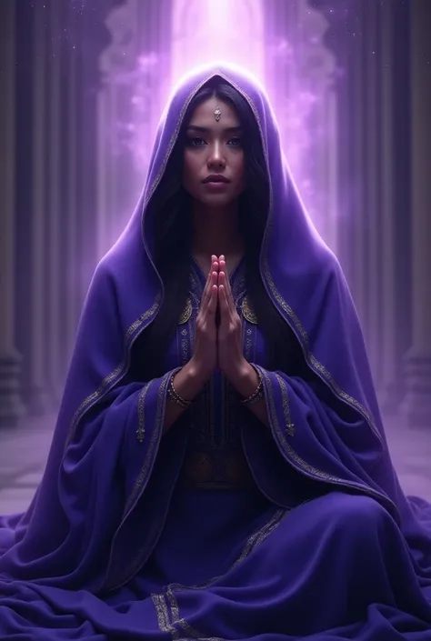 (priestess, goddess, pretty with very dark skin , cabelos far aways lisos e pretos, Age of fifty-five, wearing a divine cloak , , far away,  with a violet hood and blue and gold details ,  in spiritual connection to a Divine energy in a temple in the Astra...