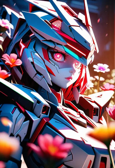 Very detailed and beautiful mecha anime girl portrait, A fusion of art and mecha aesthetics, Redhead girl, Very detailed and beautiful red passionate eyes, Highly detailed realistic white skin, She wears a stylish mecha helmet in red and white inspired by a lion's mane, The body is an anime robot in a red and white color scheme, The whole body is illuminated by glowing red neon lights, Lots of detailed mecha visible, (The mecha girl is surrounded by beautiful colorful flowers:1.2), Very detailed and dense description of the robot's body, The background is a fractal art-style white canvas with many beautiful flowers, Very dense mecha details in the background, Close-up shot of a mecha girl's bust from the side, A fusion of strong shallow depth of field, (Best Quality, 4K, 8k,  High Resolution , masterpiece:1.5), Ultra-detailed, High quality 3D rendering,  Dramatic Lighting,  professional photo resolution , Awards、Blurring