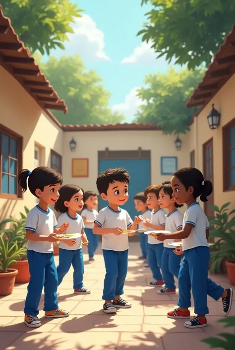 Boys and girls between whites and mulattos in a school on the small court doing practical art and painting exercises and playing. Uniform color : long blue pants and white t-shirt with a blue stripe on the sleeves and a blue stripe on the round neck . 