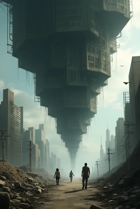 Doomsday with looks of buildings upside down and crushed above the sky