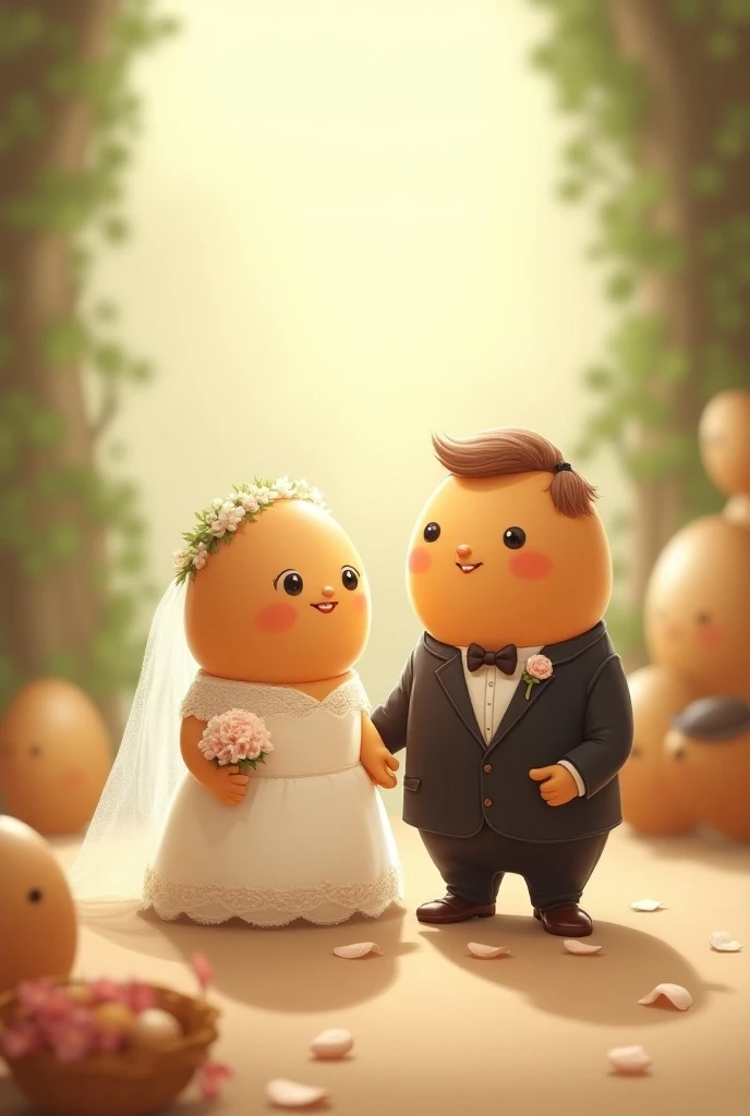 A brown egg with a drawn face, Who is at her wedding dressed in white with her fiancé egg 