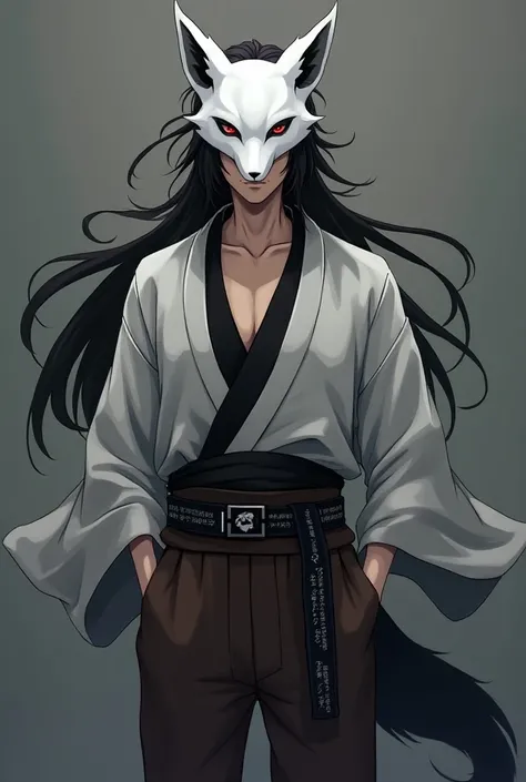 Male anime character wearing gray kimono shirt, black white undershirt, black hair, brown pants with black and white belt, white fox mask attached to the head of 1 person.