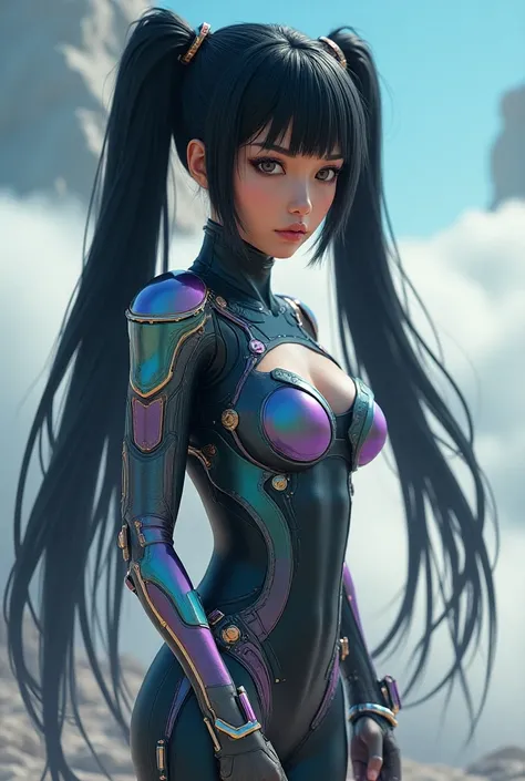 1girl, twintails, black hair, Very long hair, realistic 3d, photorealistic, Surrealism, Verism, [25 years old], [Anatomically Corret], Futurism, Sci-fi, bodysuit, Tachi-e, full body, sunshine, shiny clothes, Seven colors, silver, golden, shiny trim, beauti...