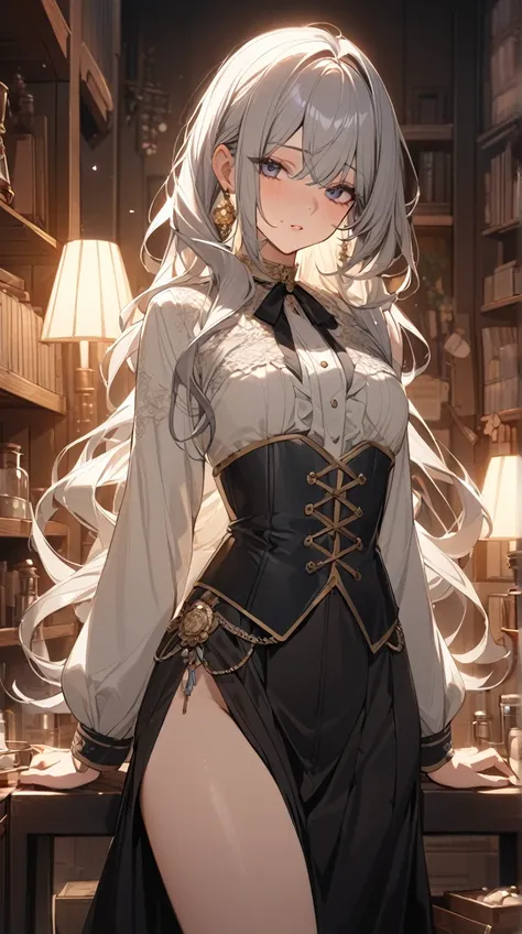 One Girl、 gentle expression、Attractive eyes、Long flowing hair、 elegant corset 、 Relaxed Posture 、White skin、Small breasts、 surrounded by potions、Antique Watches、  
   break、  
    soft candle light 、(Diffused Light:1.2)、Warm colors、Gentle Shadows、Peaceful ...