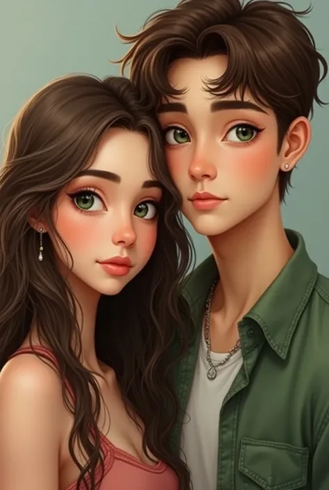 Young woman with brown hair and green eyes next to a young man with brown hair and green eyes 