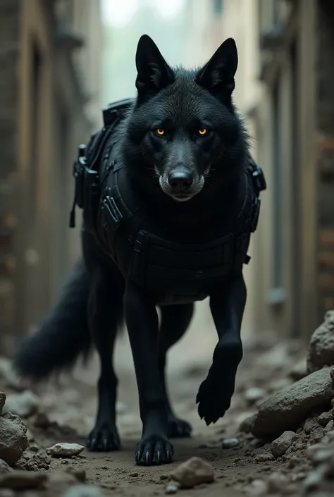  A Mexican wolf standing like an FBI special agent ,  wearing a black tactical vest and holding a pistol .  He moves silently through the shadows of a ruined building, ready to capture criminals 