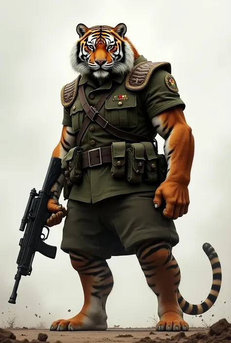 A giant  tiger standing as a soldier with gun 
