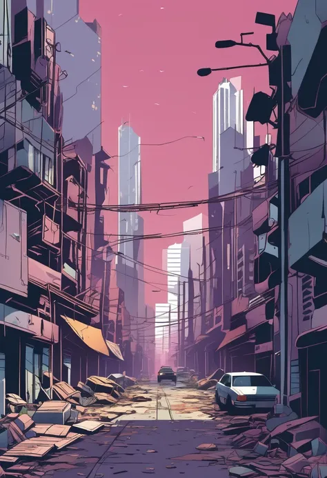 Flat style,  Heres a picture of a city street,There are a lot of debris on it, Post-apocalyptic city streets, in a  Ruined cityscape , outdoors  Ruined cityscape ,  Matt painting comic art , In a tropical and dystopian city, Destroy the city ,  Ruined city...