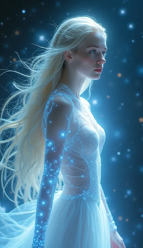 An ultrarealistic image of the lost plaeidian sister. She must be glowing silver white  and wandering in the midst of brightly glowing stars. Blonde Hair, Blue eyes, Very Long Hair, From Side, Art Deco, Action Painting, Best Quality, 