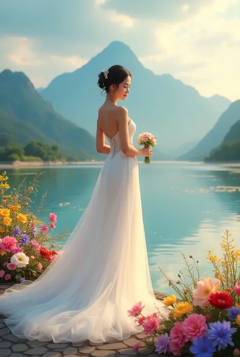 a vietnamese girl, wearing a wedding dress, white wedding dress, hot body, slim waist, big breasts, standing by the river, at her feet are colorful flowers, purple, pink, yellow, red, in the distance is a mountain, with the sunlight shining on the mountain...