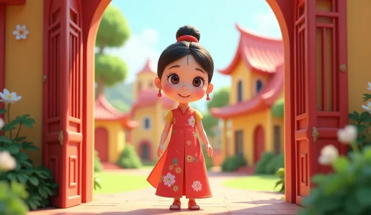 3D cartoon image of beautiful Vietnamese girl in long dress standing upright at preschool gate