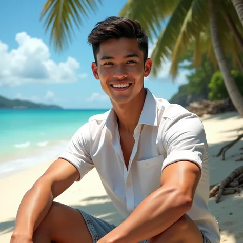 Take a picture of a handsome 20-year-old young man from Indonesia ,  wearing a white shirt with shorts sitting by the beach