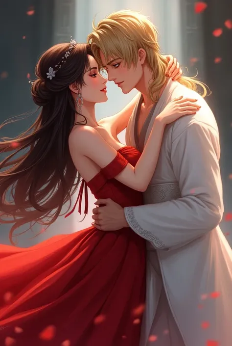 A cover where an princess and an emperor are embracing each other manwha style.  The princess with loose hair and red eyes .  The blond man with blue eyes and white clothes. The girl with red clothes . 