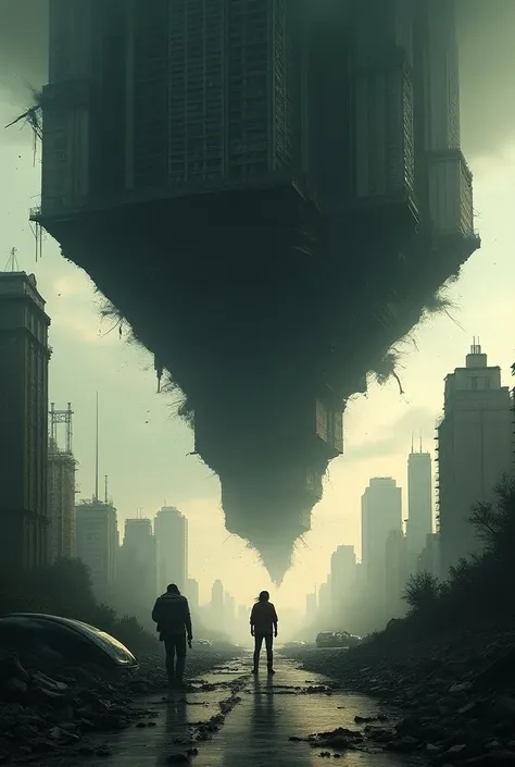 Doomsday with looks of buildings upside down and crushed above the sky