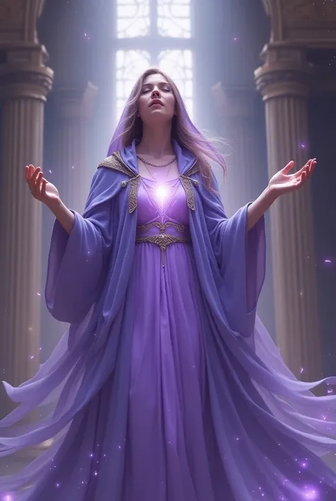 (priestess, goddess, with white skin, medium hair, smooth and light brown , age forty-five , eyes closed,  head turned upwards and wearing a divine cloak , , far away,  with a violet hood and blue and gold details ,  in spiritual connection to a Divine ene...