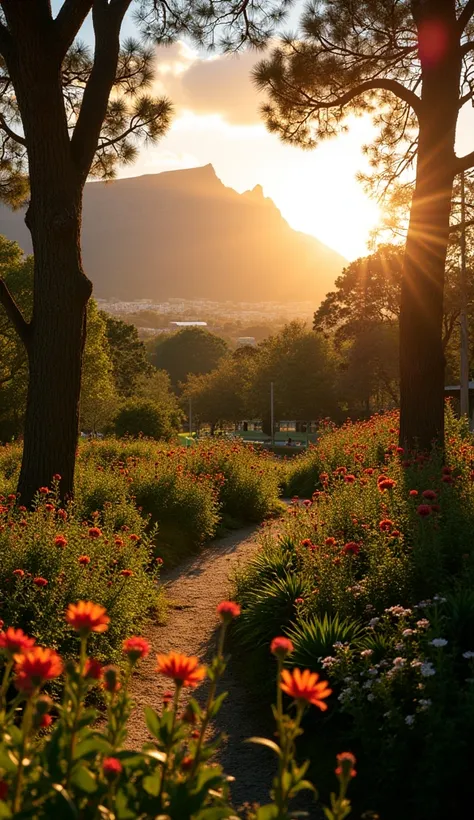 Sunset over Kirstenbosch Garden, with the soft golden light casting long shadows on the garden’s plants and flowers, with Table Mountain glowing in the background 4K quality 