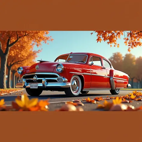 Picture in 3D. Fabulous Hudson Hornet red . It stands on asphalt on which autumn leaves lie, and the Fabulous Hudson Hornet sparkles in the sun in the clear blue sky.