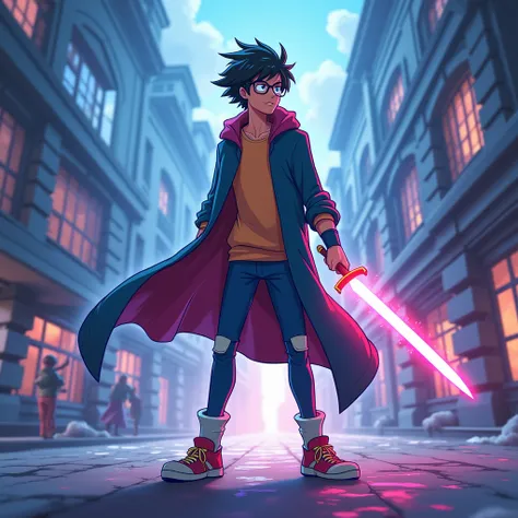 A dynamic scene featuring Skanda, a young and rebellious college hero with a playful, adventurous spirit. He holds a glowing sword, subtly hinting at his hidden powers. Skanda is in a dynamic, action-filled pose, showcasing his impulsive and energetic natu...