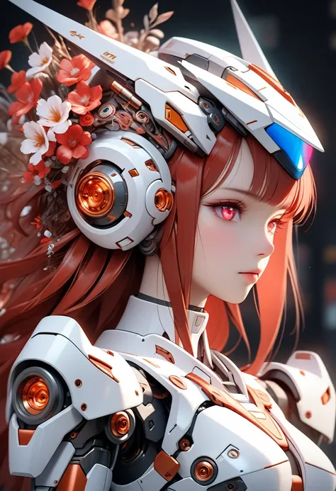 Very detailed and beautiful mecha anime girl portrait, A fusion of art and mecha aesthetics, Redhead girl, Very detailed and beautiful red passionate eyes, Highly detailed realistic white skin, She wears a stylish mecha helmet in red and white inspired by a lion's mane, The body is an anime robot in a red and white color scheme, The whole body is illuminated by glowing red neon lights, Lots of detailed mecha visible, (The mecha girl is surrounded by beautiful colorful flowers:1.2), Very detailed and dense description of the robot's body, The background is a fractal art-style white canvas with many beautiful flowers, Very dense mecha details in the background, Close-up shot of a mecha girl's bust from the side, A fusion of strong shallow depth of field, (Best Quality, 4K, 8k,  High Resolution , masterpiece:1.5), Ultra-detailed, High quality 3D rendering,  Dramatic Lighting,  professional photo resolution , Awards、Blurring