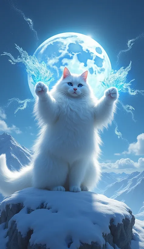 Create an image of a long-haired white cat standing on top of a snowy mountain, raising its paws to summon sparkling ice magic. In the background, depict a deep blue sky with a bright full moon and swirling mystical clouds. The cat has a powerful, magical ...