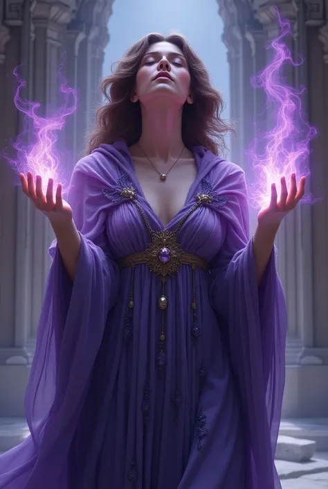 (priestess, goddess, with white skin, medium hair, wavy and brown, age forty-five , eyes closed,  head turned upwards and wearing a divine cloak , , far away,  with a violet hood and blue and gold details ,  in spiritual connection to a Divine energy in a ...