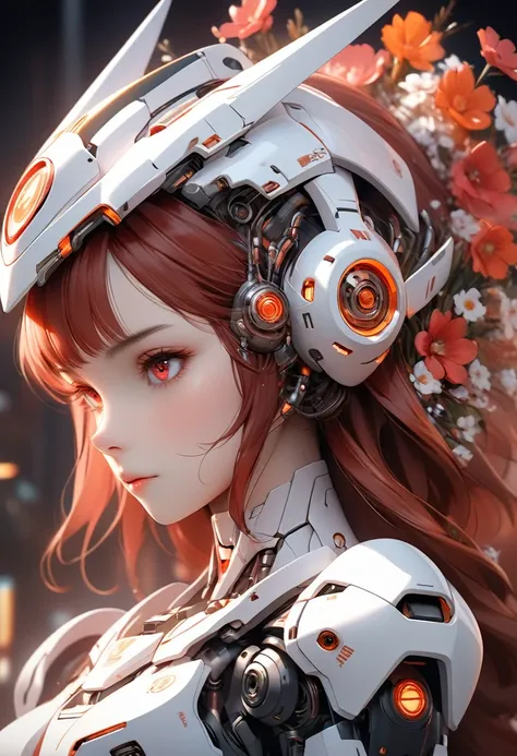 Very detailed and beautiful mecha anime girl portrait, A fusion of art and mecha aesthetics, Redhead girl, Very detailed and beautiful red passionate eyes, Highly detailed realistic white skin, She wears a stylish mecha helmet in red and white inspired by ...