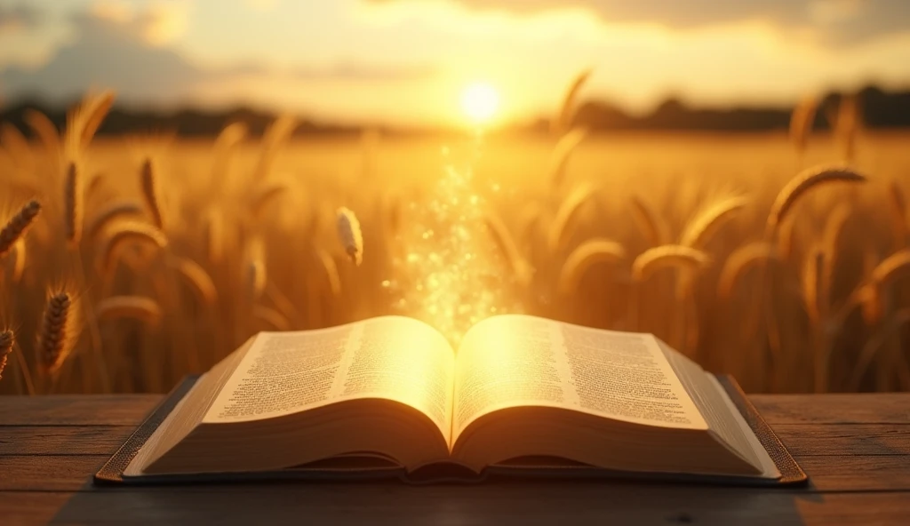 A golden field at dusk, with the wind gently blowing and an open Bible, whose pages shine with a supernatural light, symbolizing the word of God as a shield.