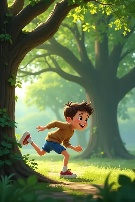 animated 14-year-old boy,  in blue shorts and brown sweater playing hide and seek in the park with giant trees in the spring season 