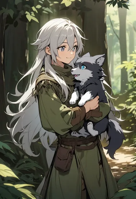 Young man, silver hair, long hair, bard outfit, gentle smile, (((holding a bandaged black wolf cub))), in the woods,