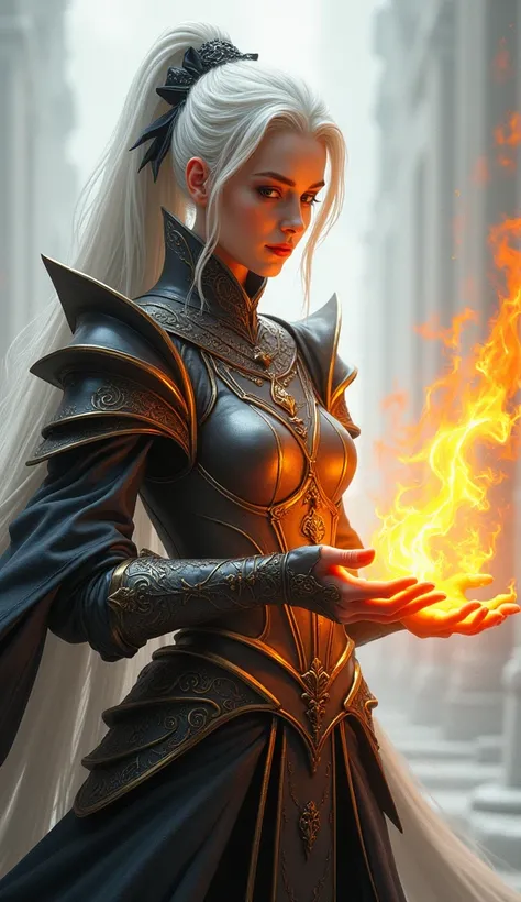 " A powerful sorceress with detailed armor holds fire in her hands .  Her long white hair is tied in a bow ,  and her face reflects calm and concentration .  She wears shiny armor with intricate engravings and dark details ,  while magical energy in the fo...