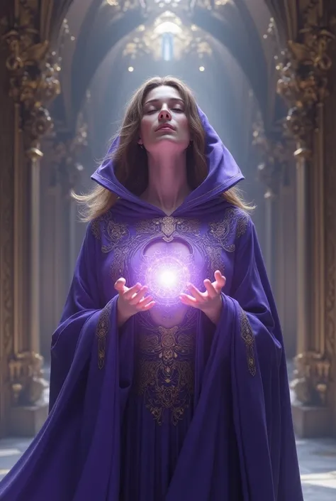 (priestess, goddess, with white skin, cabelos far aways, wavy and brown, age forty-five , eyes closed,  head turned upwards and wearing a divine cloak , , far away,  with a violet hood and blue and gold details ,  in spiritual connection to a Divine energy...