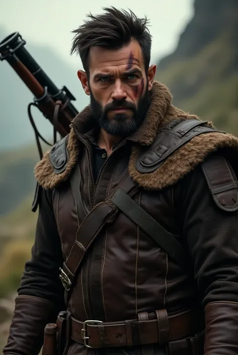 Brown-skinned colored man, dark brown hair, dark blue eyes,  vertical scar over the right eye and wearing medieval leather clothing, and with a harness for double guns 