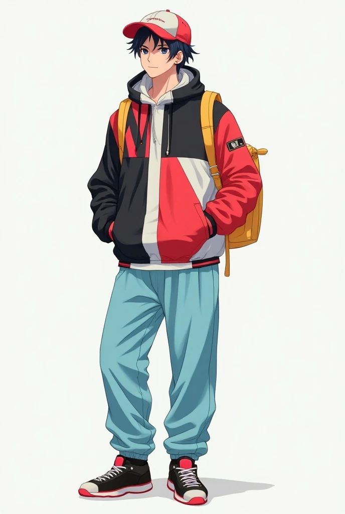  you can make me a young adult ,  he wears a closed jacket in red , black and white, , black and red sneakers and light blue pants, In addition to a yellow backpack .  His cap, as always, is white and red , anime style.
