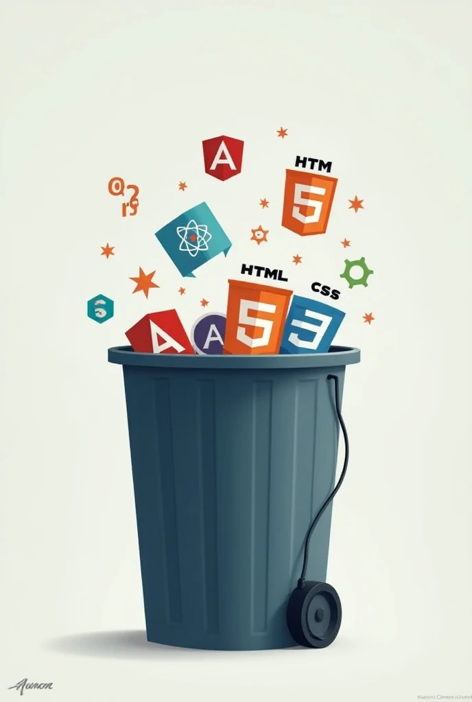 Genere moi une image qui illustre une poubelle dans laquelle on peut voir les logos de différents frameworks de programmation comme Angular React Symfony Java NodeJS HTML CSS 