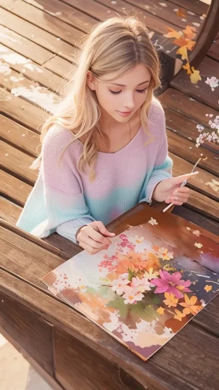 Watercolor, flowing art, pastel colors, delicate colors, colorful autumn flowers, satin colors, stilizyed, in the middle a realistic Autumn Deck portrait